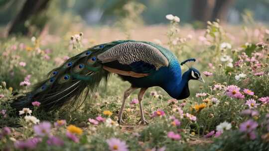 花丛中漫步的孔雀
