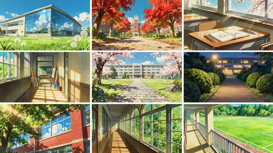 动漫风格校园环境 日系校园场景插画视频