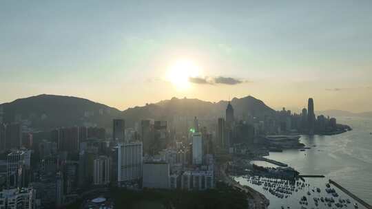 香港大景航拍维多利亚港太平山日落海湾风光