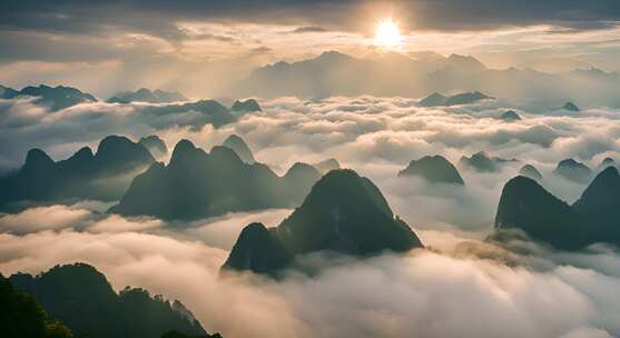 桂林山水合集山峰云海群山云雾缭绕自然风景