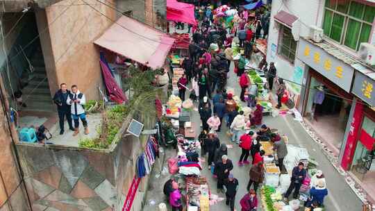 农村集贸市场菜市场农贸市场集市赶集航拍