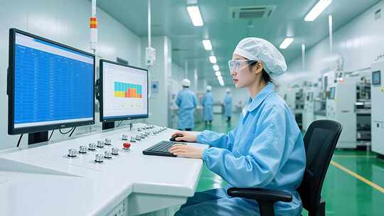 女工于无尘车间操控电脑设备