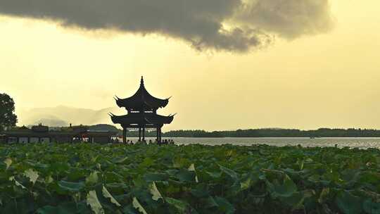 夏季暴雨天的杭州西湖集贤亭