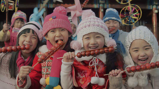 拿着糖葫芦面对着镜头微笑的女孩