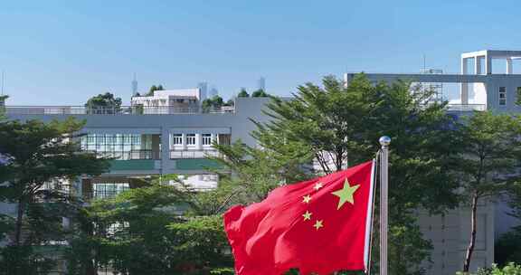 飘扬的五星红旗与现代化建筑相映成趣