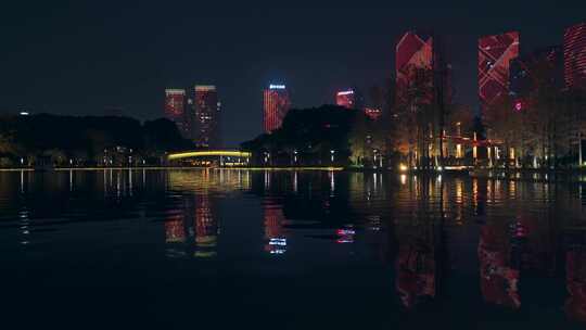 佛山千灯湖公园落羽杉红叶与城市高楼夜景