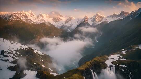 雪山山谷云雾自然风光