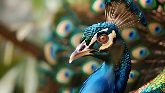 美丽树林中的孔雀开屏绿色特写镜头野生栖息