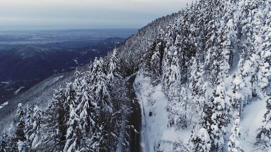 一辆汽车在积雪的山坡上行驶的空中冬景