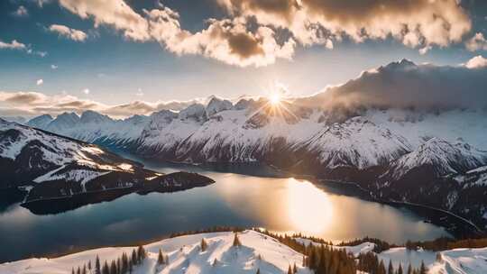 雪山湖泊日出全景