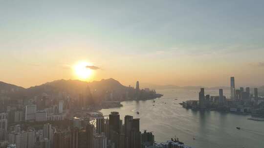 香港大景航拍维多利亚港太平山日落海湾风光