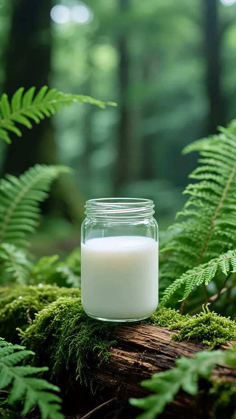 森林中木头上的玻璃瓶装牛奶