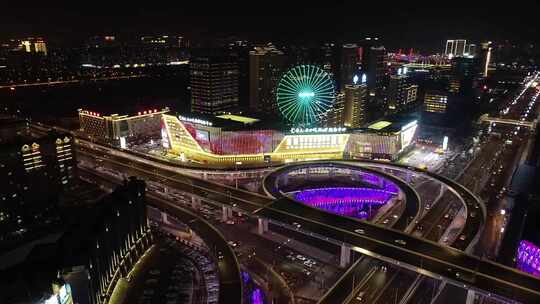 长春市经开二道区摩天活力城立交桥夜景航拍