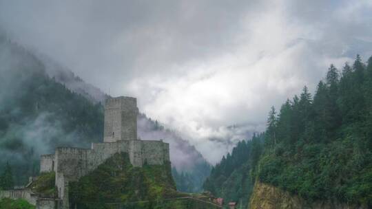 云雾丛林中的中世纪城堡