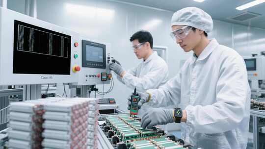 工厂工人操作电子产品生产线