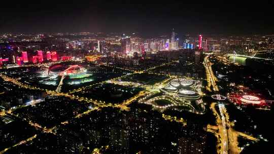 航拍南京奥体河西大剧院金融城国博夜景国庆