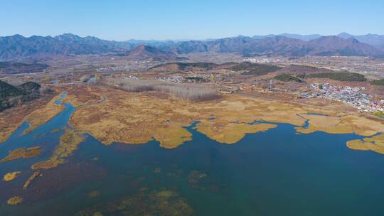 北京怀柔水库湿地秋季风光航拍视频