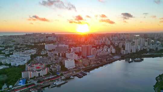 海南海口世纪大桥朝霞城市日出高视角航拍