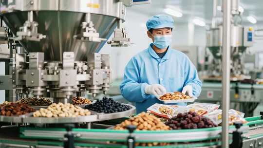 工人操作坚果生产流水线