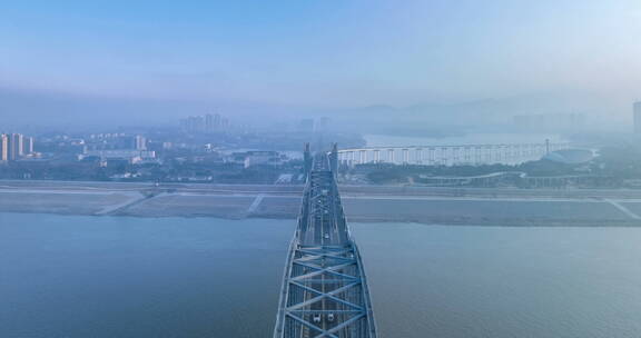 九江长江大桥上方航拍延时摄影视频