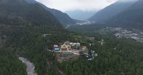 西藏林芝地区波密县城寺庙雪山高空航拍