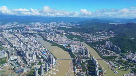 海南三亚游艇基地三亚河高视角航拍城市风光