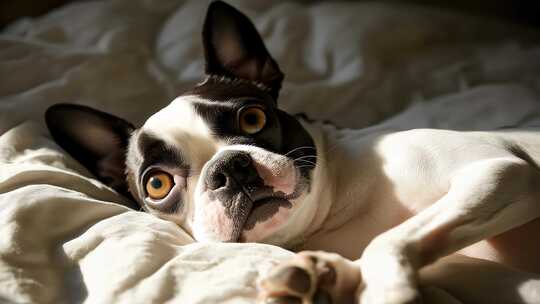 阳光洒落床榻小狗慵懒惬意醒来