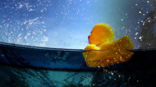 在水下拍摄塑料鸭漂浮在水面上