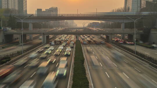 北京城市道路环线和轻轨延时上摇镜头视频素材模板下载