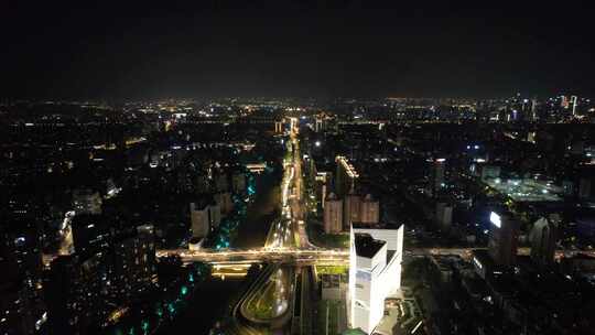 浙江杭州城市夜景交通航拍