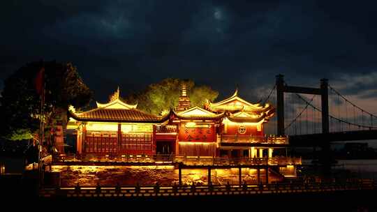 福州金山寺夜景中灯火辉煌的中式古典建筑