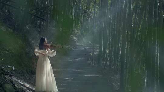 小姐姐在竹林里拉小提琴