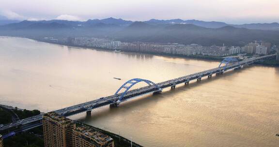 4k航拍杭州 复兴大桥 城市风景