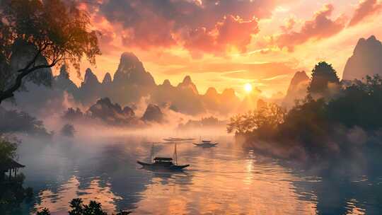 桂林山水 夕阳 下雨