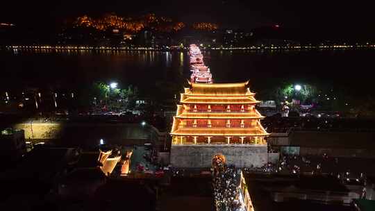 航拍潮州古城广济桥广济门灯光夜景