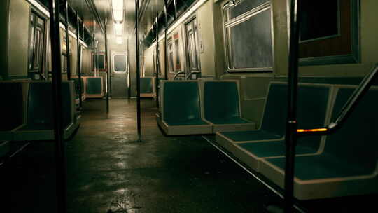 灯光昏暗的地铁车厢，空座位