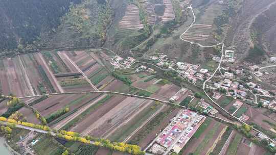 青海互助村庄田地树木航拍视频