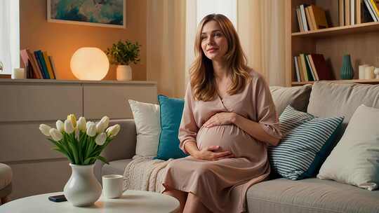 孕妇客厅沙发上轻抚腹部