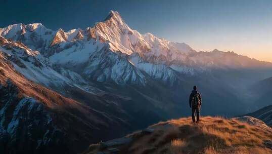 大自然登山者眺望雪山全景视频