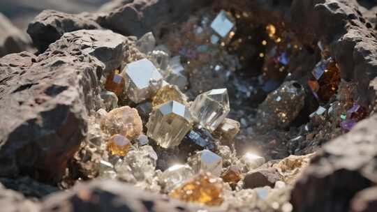 岩石中多彩水晶特写