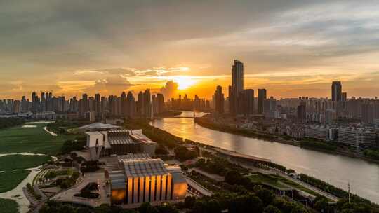 武汉汉阳月湖汉江琴台大剧院晚霞日落延时