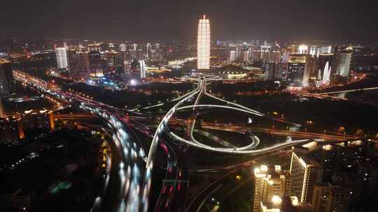 郑州市夜景航拍延时大玉米大楼金水路立交桥