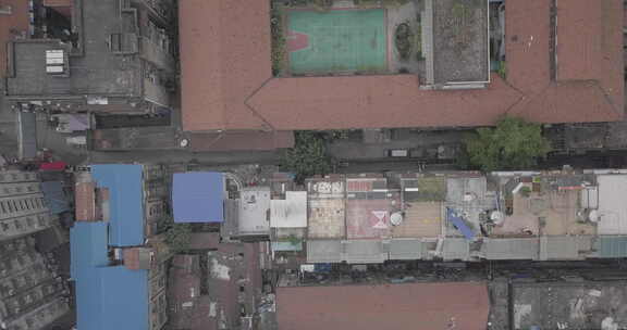 航拍武汉汉口城市老城区屋顶俯拍
