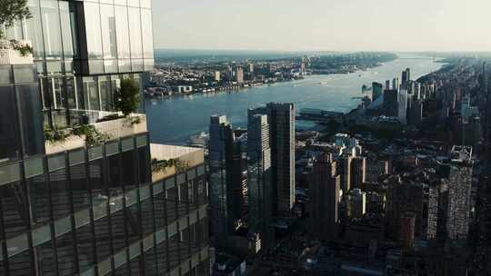 航拍纽约曼哈顿螺旋大厦摩天大楼哈德逊河