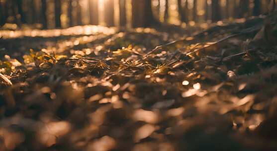 阳光下枯黄的树叶深秋地上的叶子
