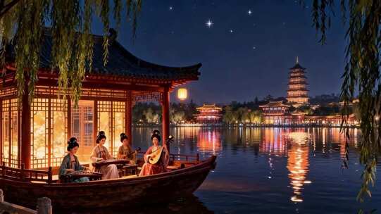 古装女子夜游船中演奏