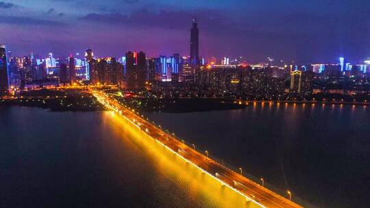 武汉城市沙湖夜景航拍延时