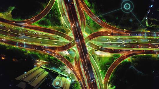 航拍未来智慧城市和高架道路智慧交通夜景