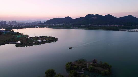 杭州湘湖旅游风景度假区傍晚航拍