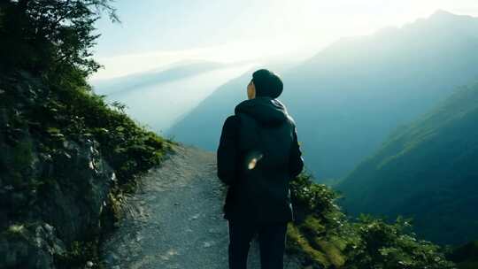 行走在山间小路 背影 亚洲人